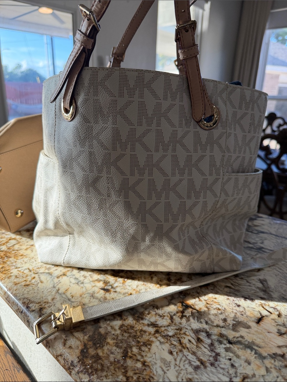 Michael Kors White & Tan Signature MK Tote with matching belt